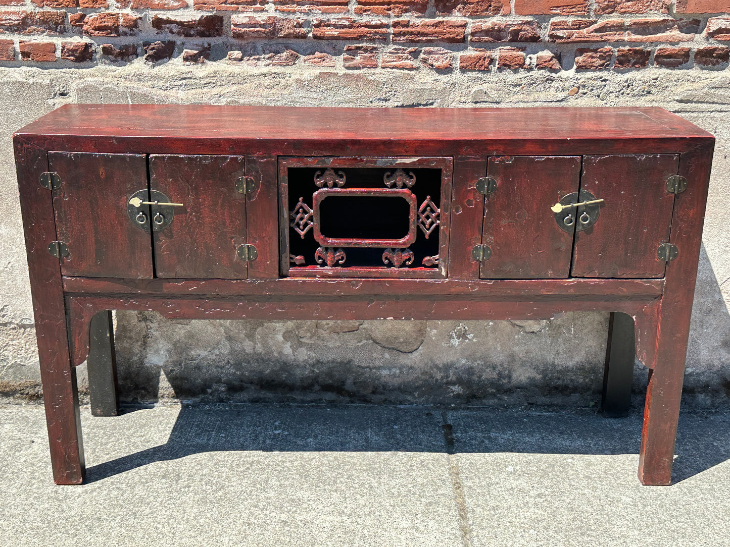 Antique Chinese Qing Red Lacquer Low Sideboard Cabinet Pierced Panel 62"W LS#150