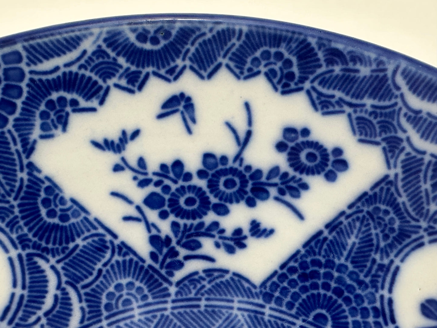 Antique Japanese c1900 Ceramic Blue & White Plate Floral Fan Motif 11"