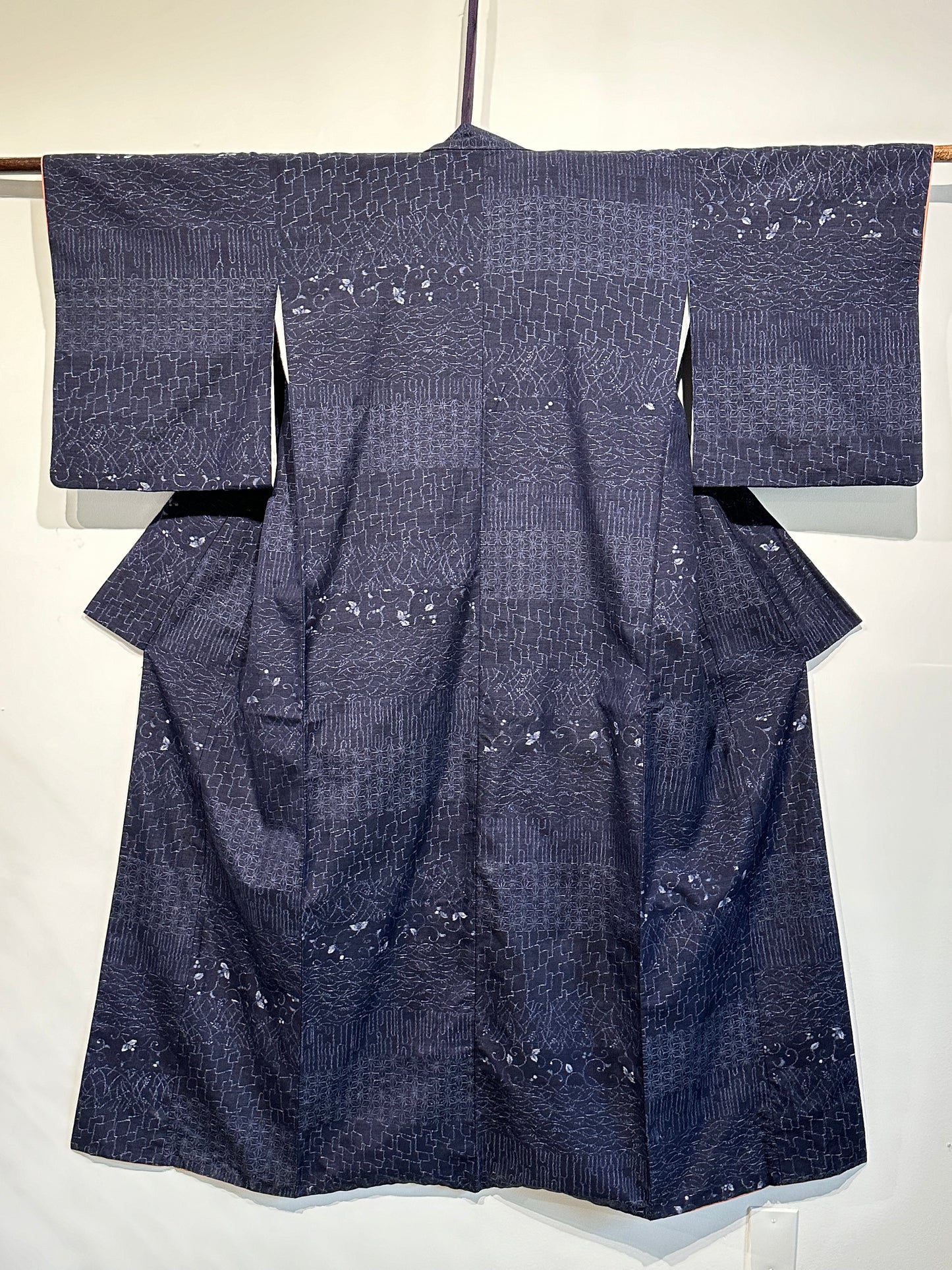 Japanese Tsumugi Ojiya Silk Kimono Hand Spun Dark Blue Asanoha