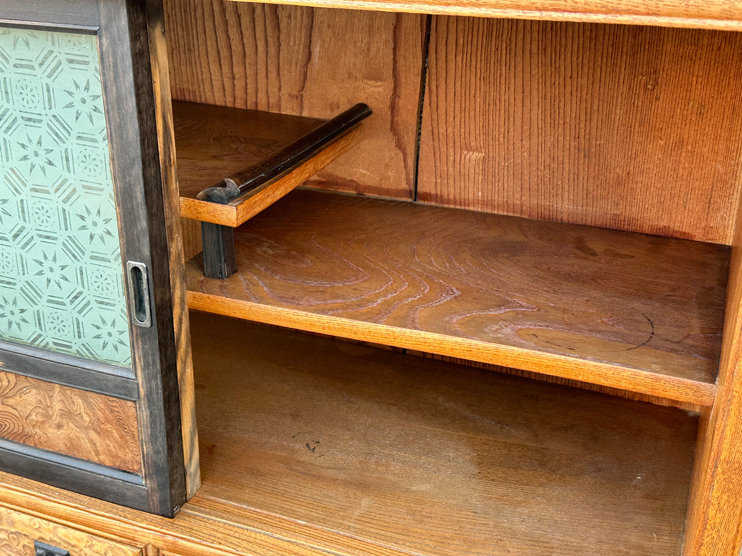 Rare Antique Japanese Keyaki Chadansu c1937 Cabinet Carved Crane & Turtle Finials Persimmon Trim 36"W