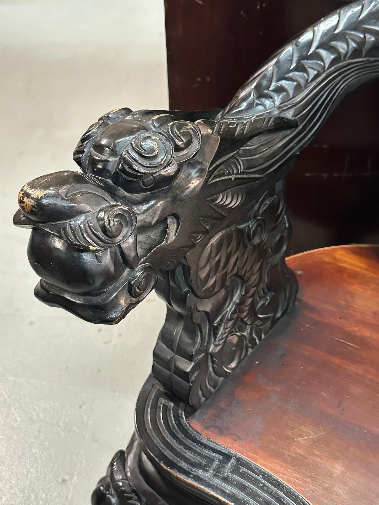 Japanese Dragon-Carved Export Armchair in Sugi Wood Meiji Era, c.1900 18" Seat