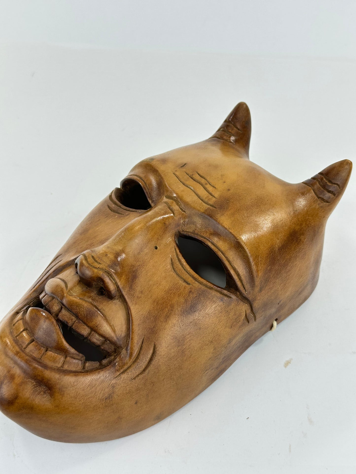Vintage Japanese c1950's Folk Art Oni Mask Hand Carved Wood Wall Hanging 12"
