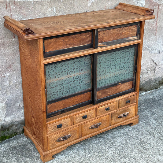 Rare Antique Japanese Keyaki Chadansu c1937 Cabinet Carved Crane & Turtle Finials Persimmon Trim 36"W