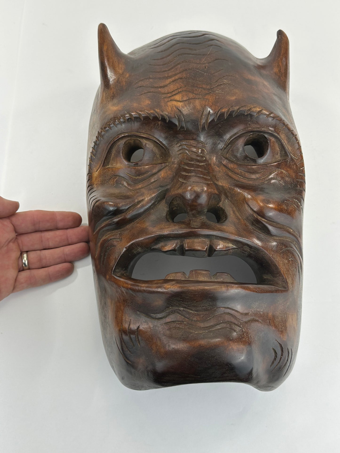 Vintage Japanese c1950's Folk Art Oni Mask Hand Carved Wood Wall Hanging 13"