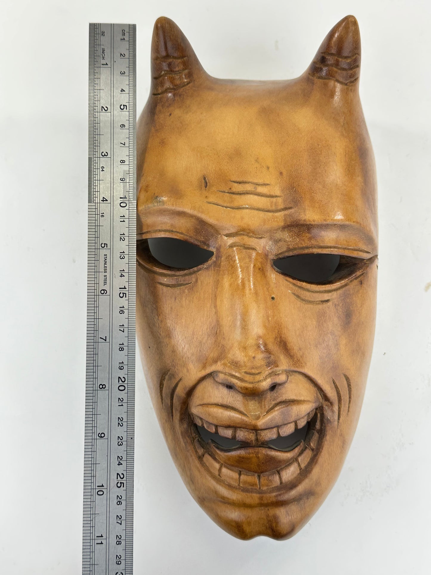 Vintage Japanese c1950's Folk Art Oni Mask Hand Carved Wood Wall Hanging 12"