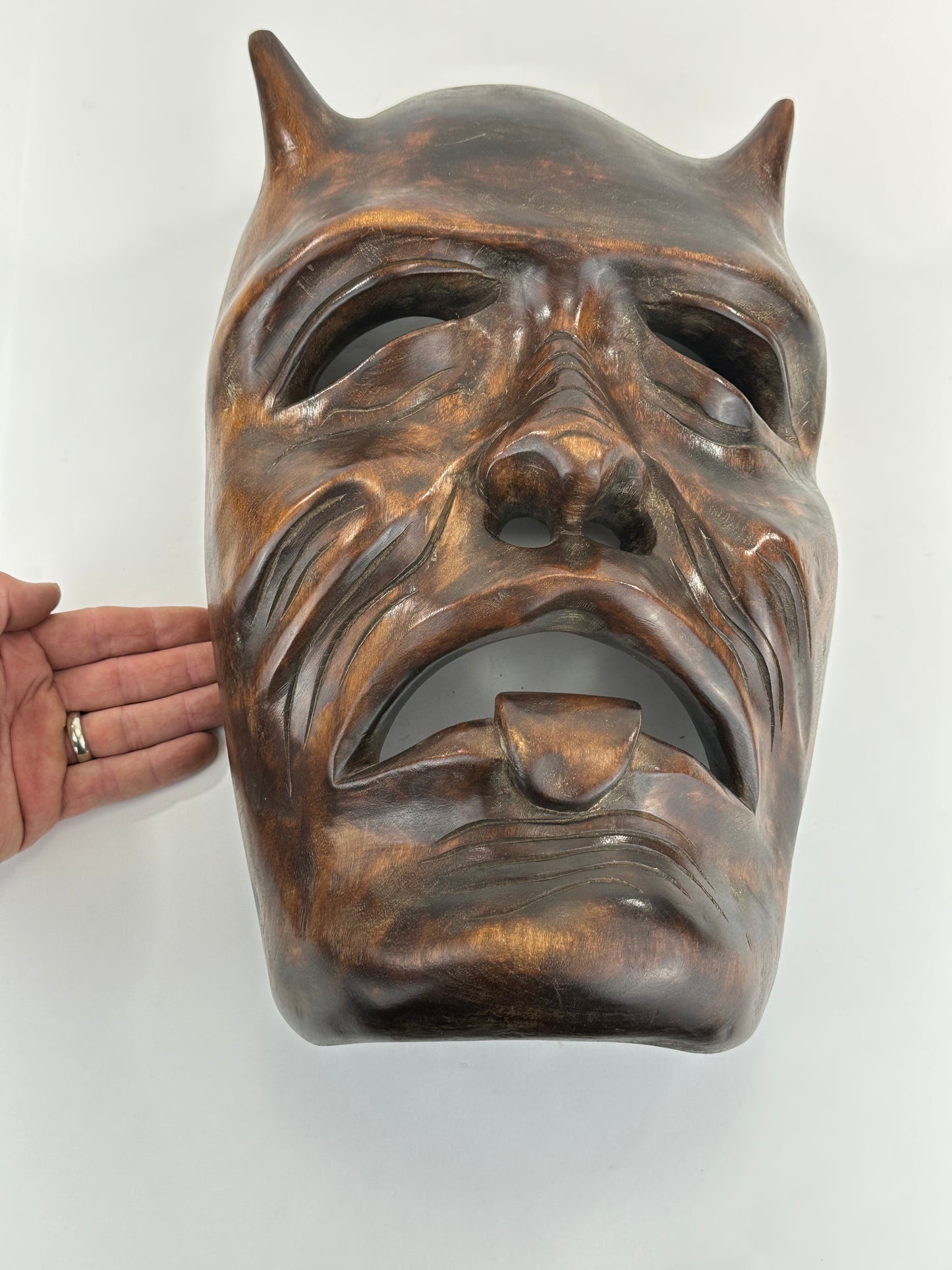 Vintage Japanese c1950's Folk Art Oni Mask Hand Carved Wood Wall Hanging 13"