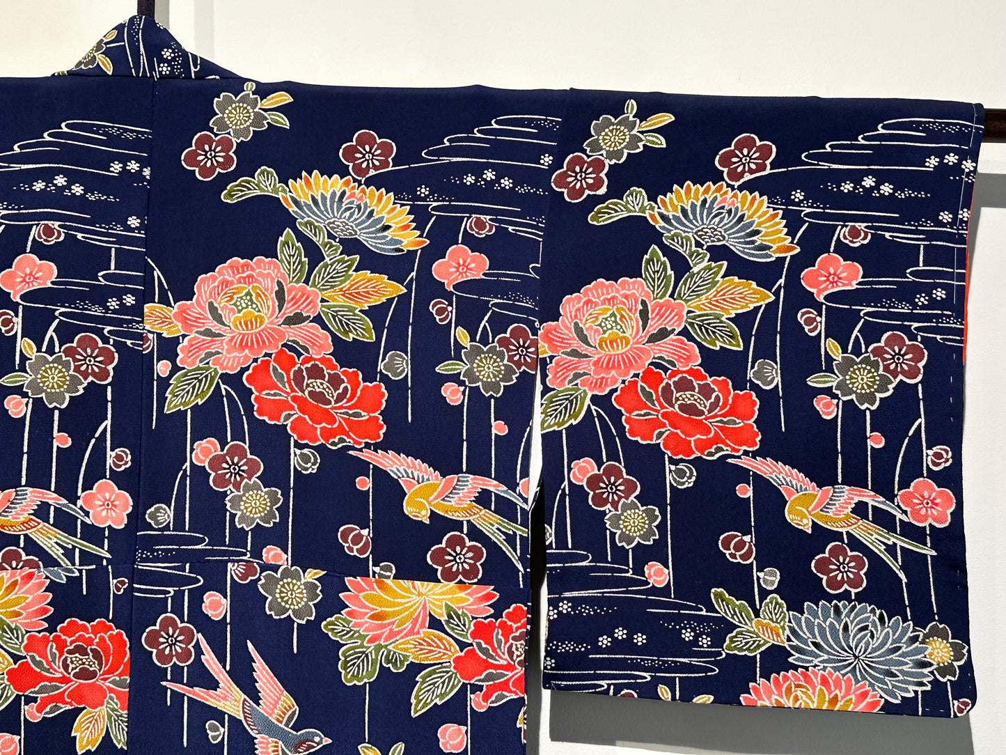 Japanese Chirimen Silk Houmongi Kimono w/ Sparrows & Peonies Dark Blue