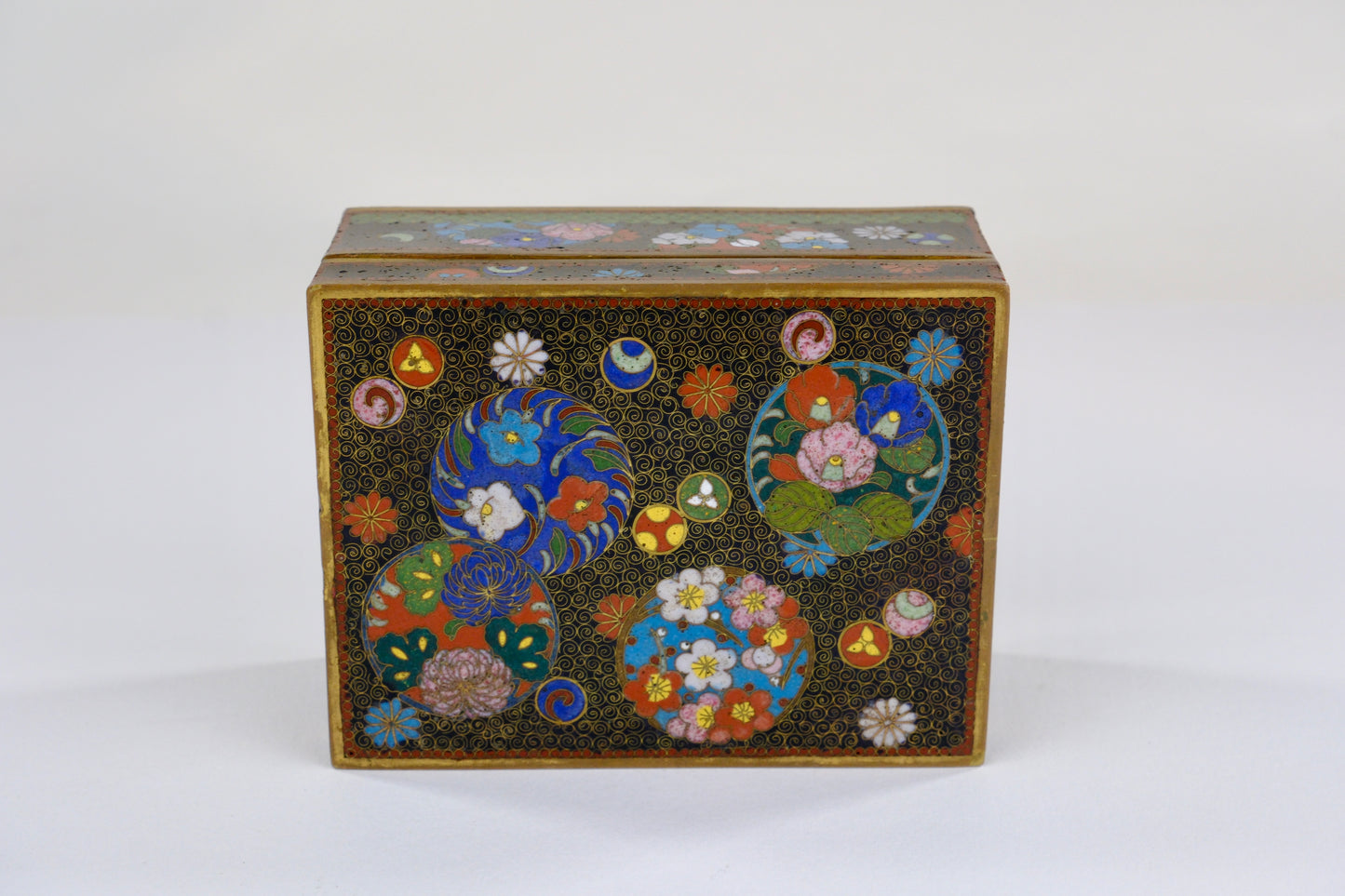Antique Chinese c1910's Cloisonné Box w/ Floral Motif on Black 4.25”