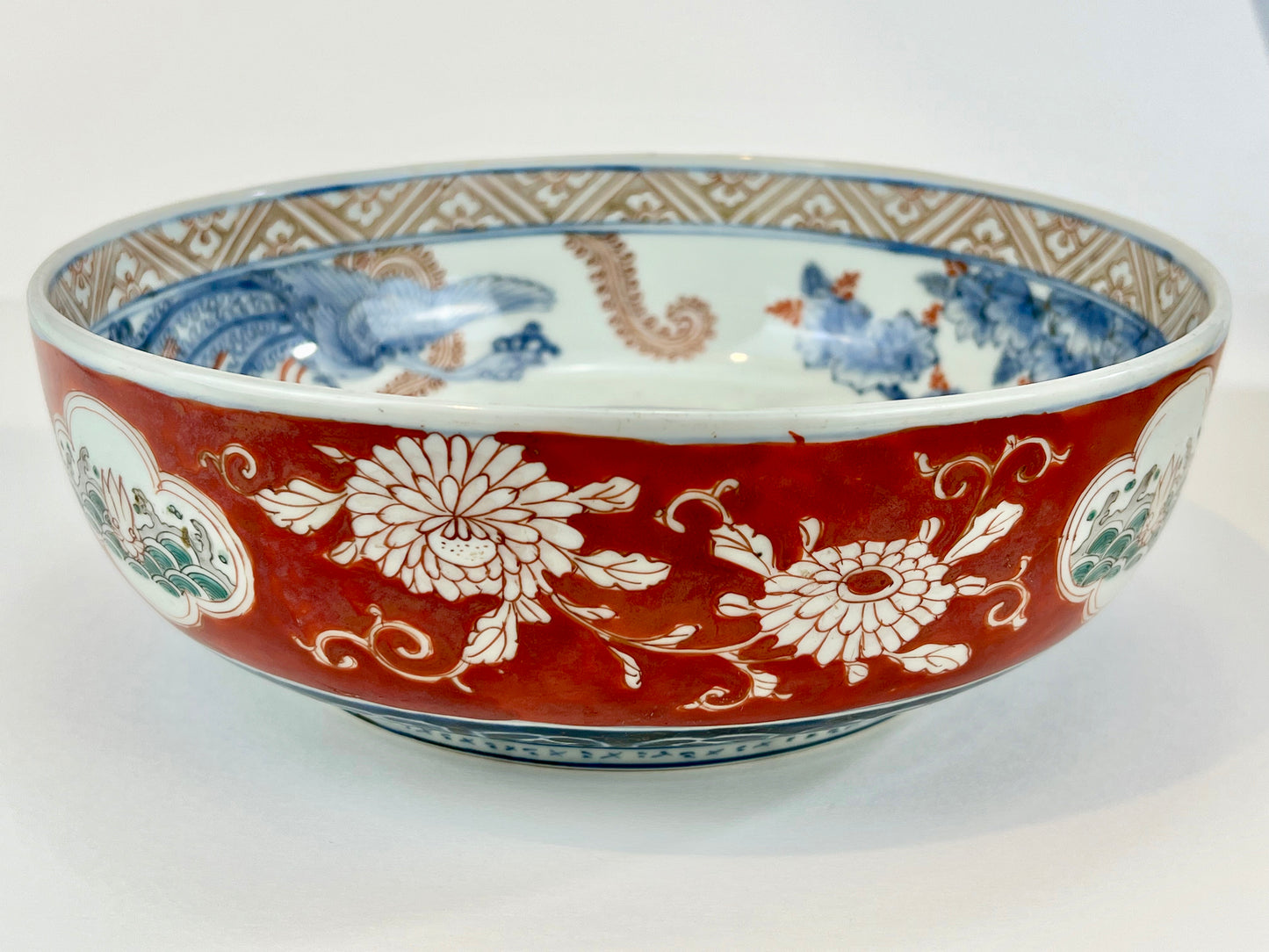 Antique Japanese Meiji Era 1800's Imari Ceramic Bowl Phoenix & Maple 9.5"