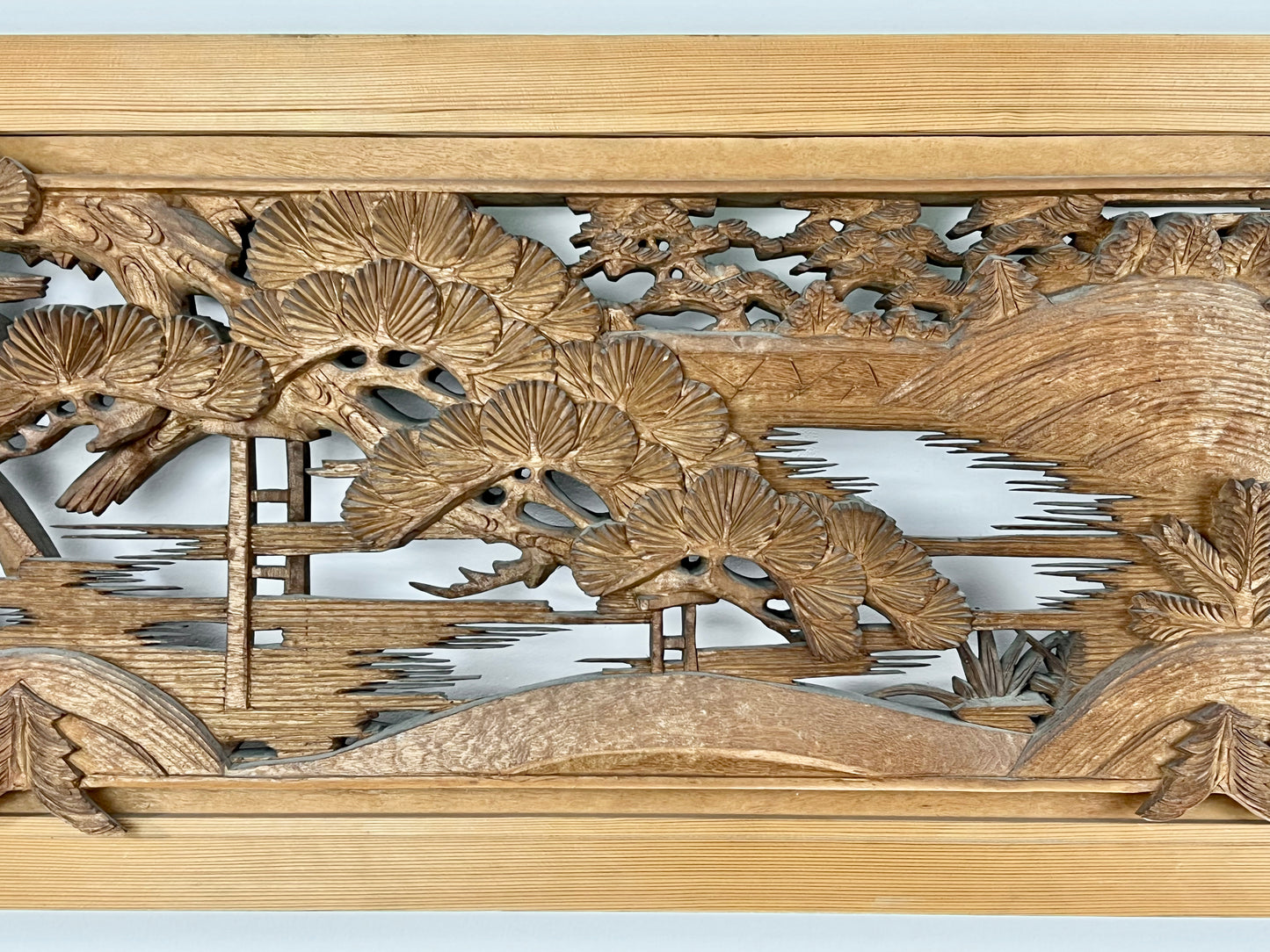 Rare Japanese Ranma Pair Deeply Carved Transom Screen Sugi Wood 68"