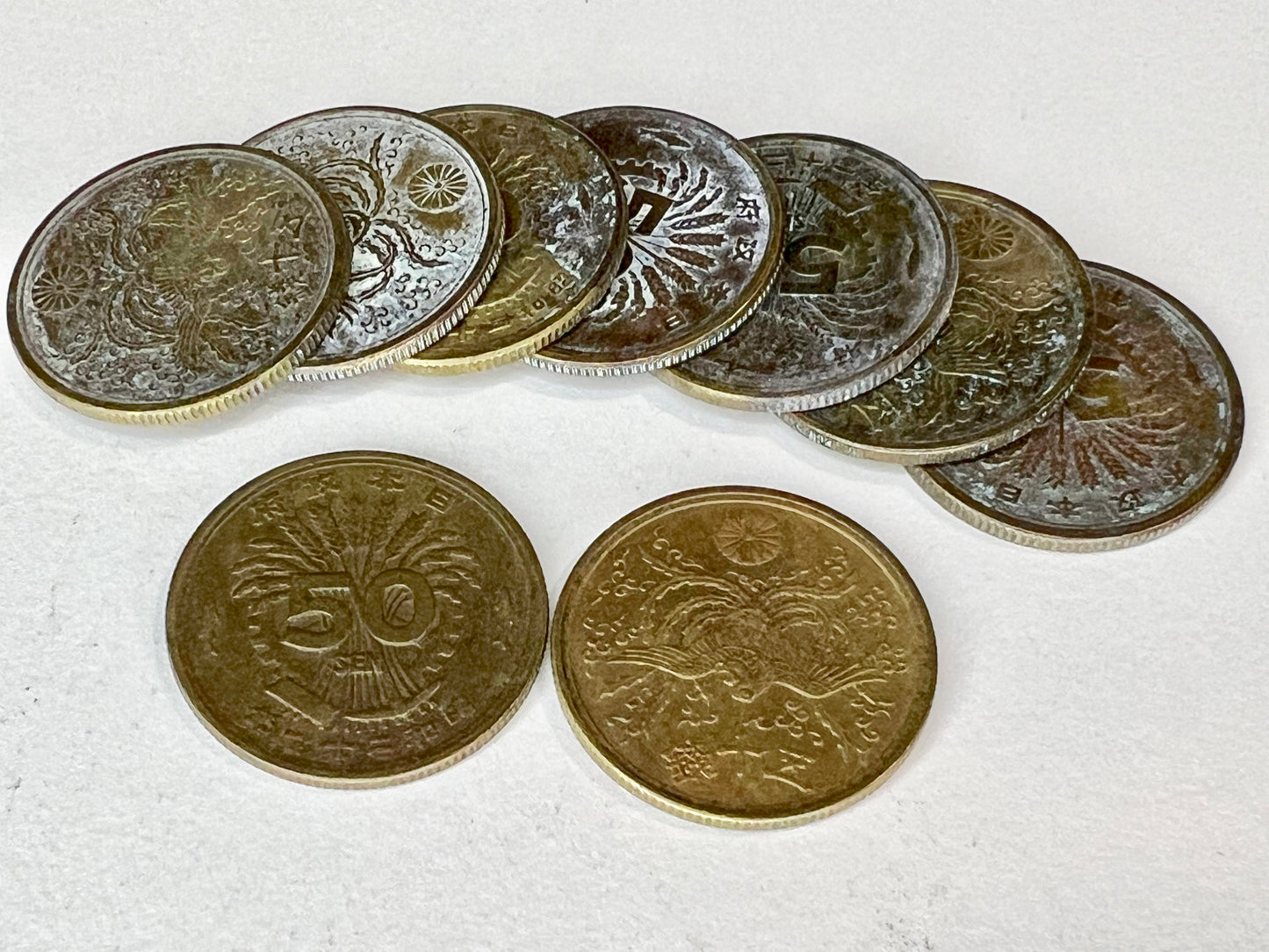 Set of 9 Vintage Japanese 50 Sen 錢十五 Coin Flying Phoenix 1946 Showa 21