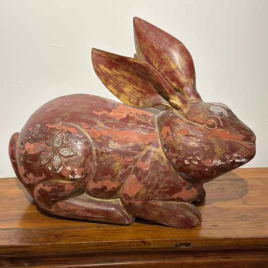 Antique Chinese Red Lacquer Had Carved Rabbit 22"L