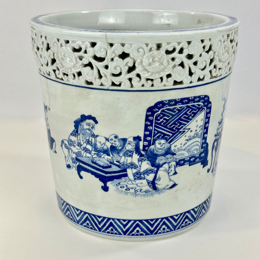 Antique Japanese Meiji Era Ceramic Blue & White Hibachi Brazier Teachers of Art 9”