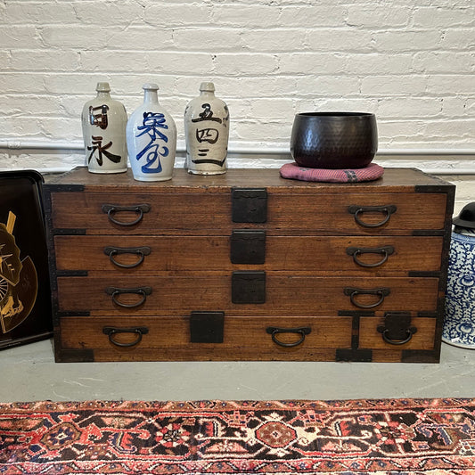Antique Japanese Meiji Era c1880 Katana Sword Tansu Chest Kiri Wood 44"W