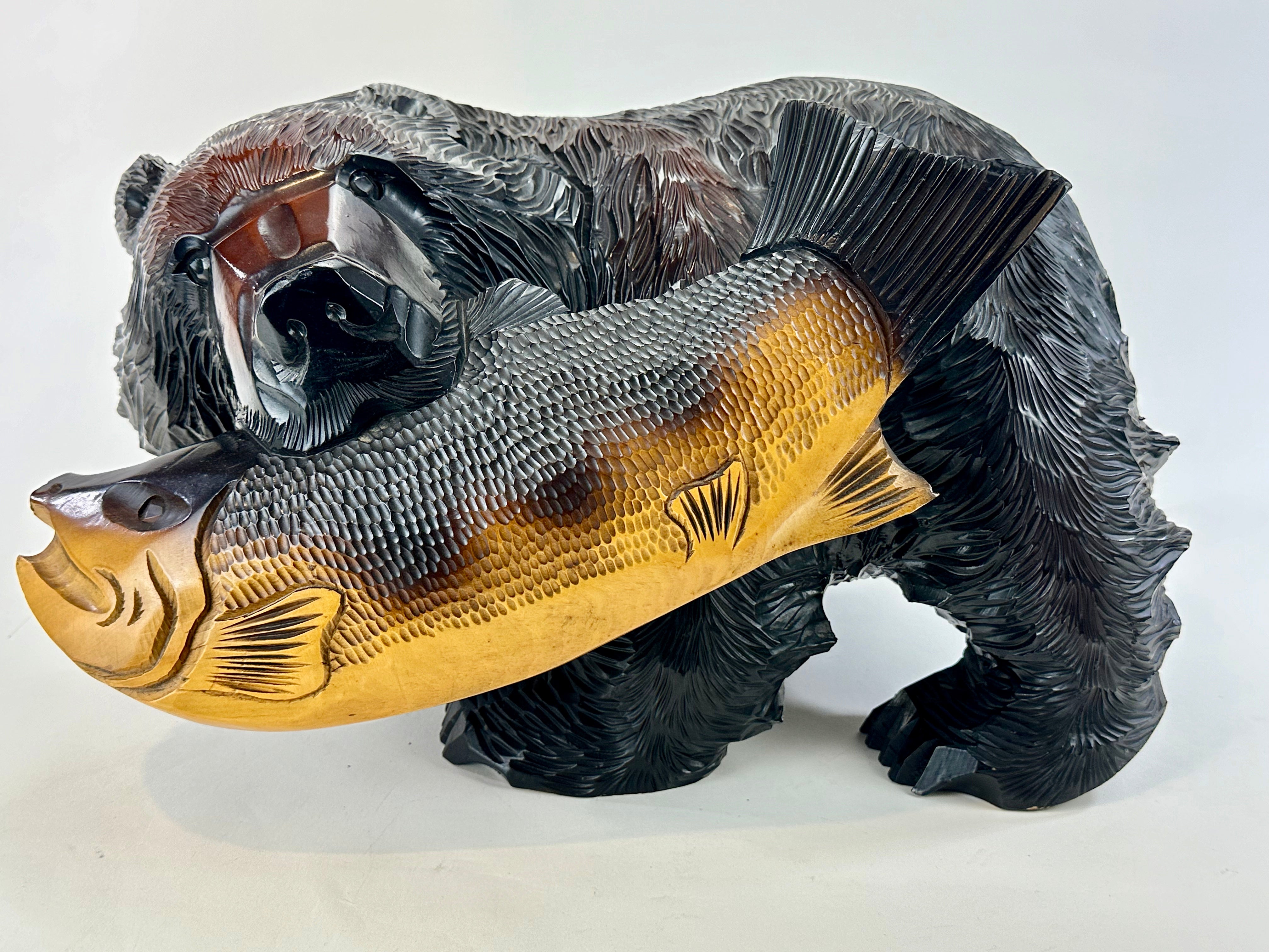 Carved newest Wooden Bear, Hand Carved Japanese Bear With Salmon, 24cm