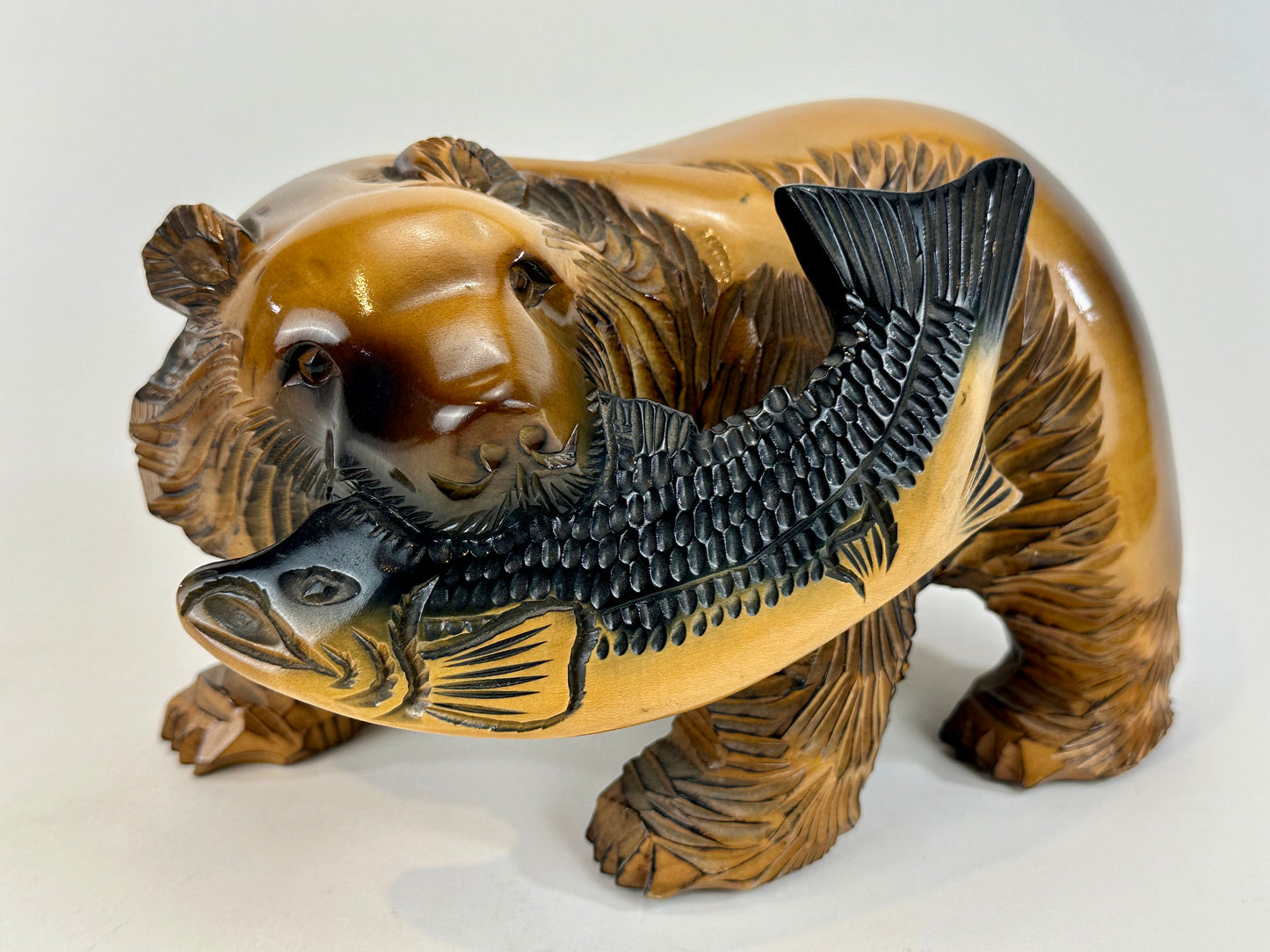Vintage Japanese Ainu Hand Carved Bear w/ Salmon Cedar Kuma 8"