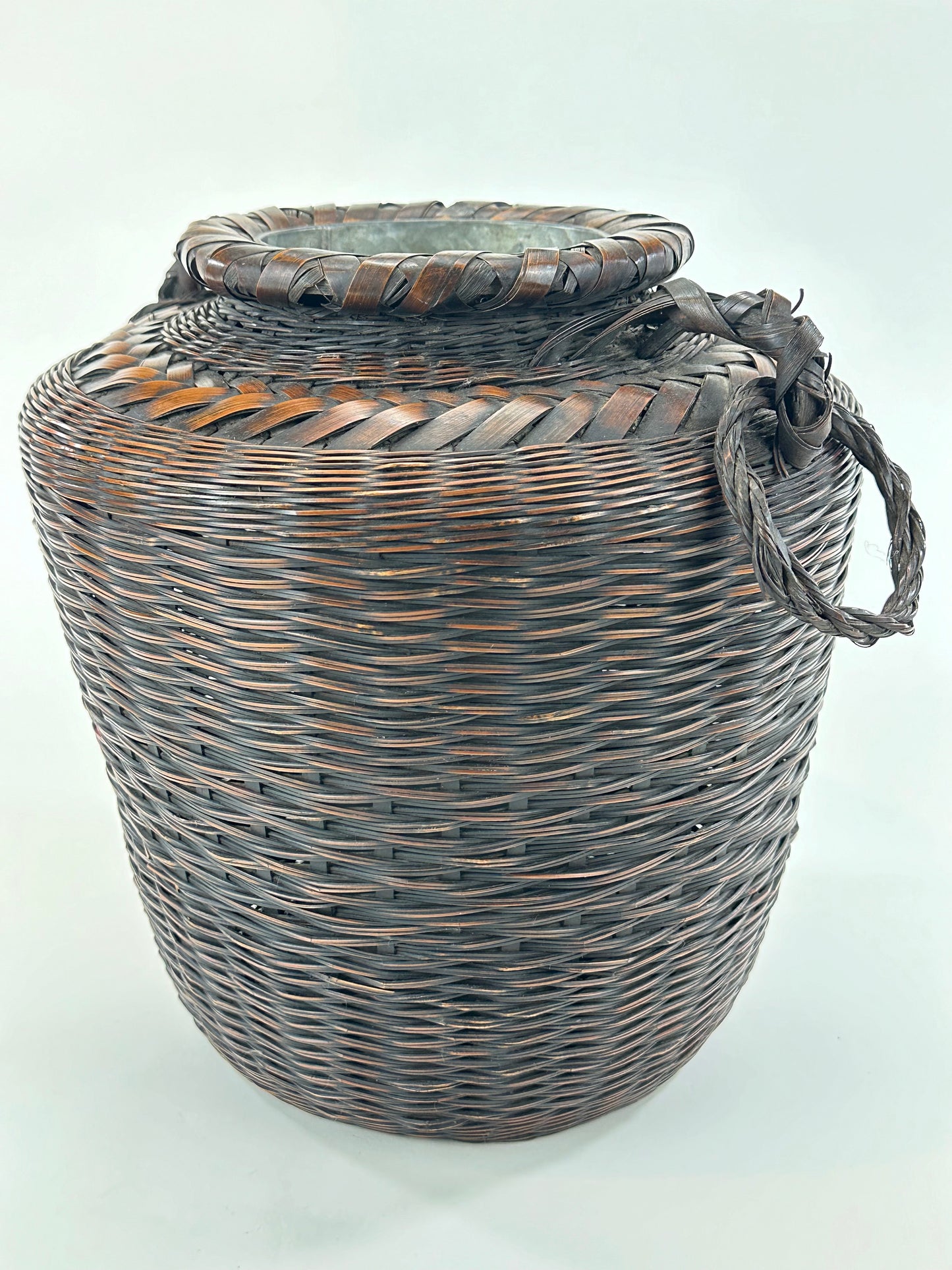 Antique Japanese Ikebana Basket w/ Metal Water Container 11"