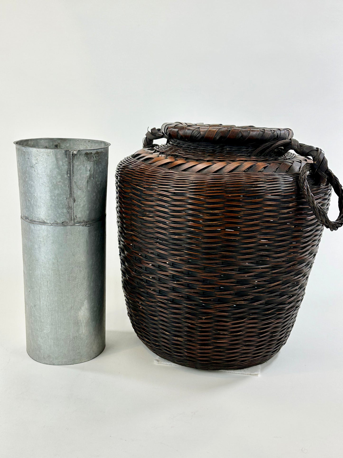 Antique Japanese Ikebana Basket w/ Metal Water Container 11"