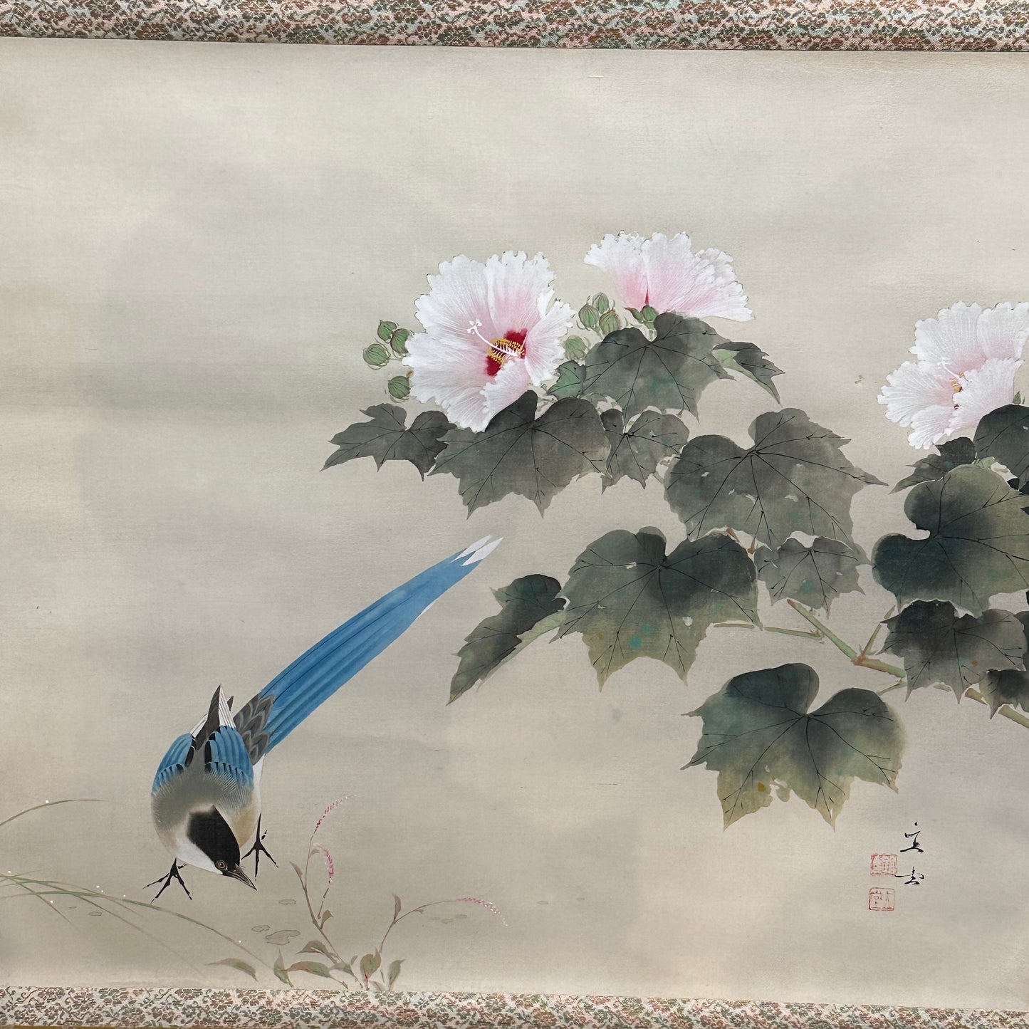 Vintage Japanese Scroll Hand Painted Mid 1900’s Magpie & Hibiscus
