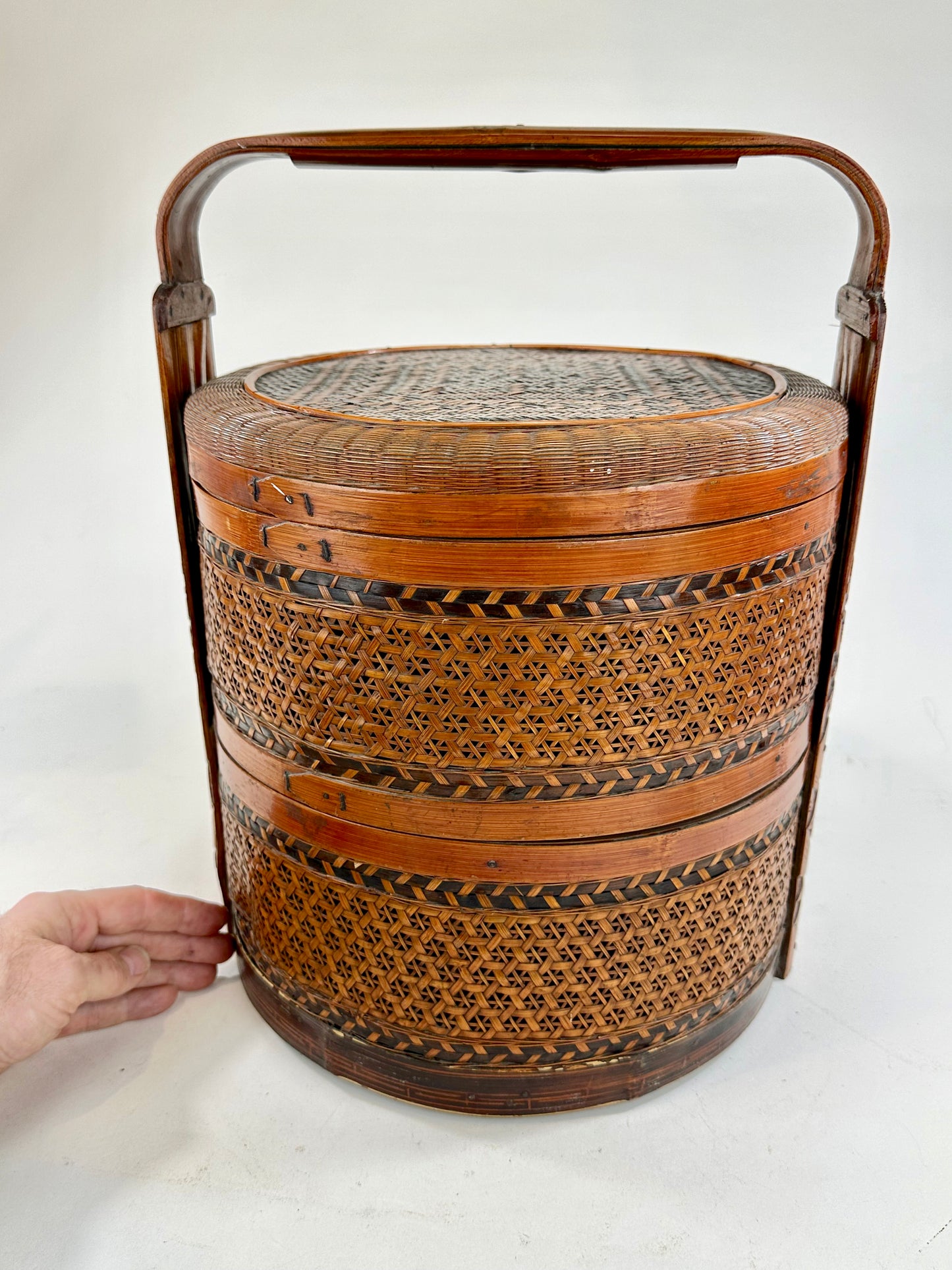 Vintage Chinese 2 Tiered Wedding/Dowry Lacquer Rattan Basket/Box