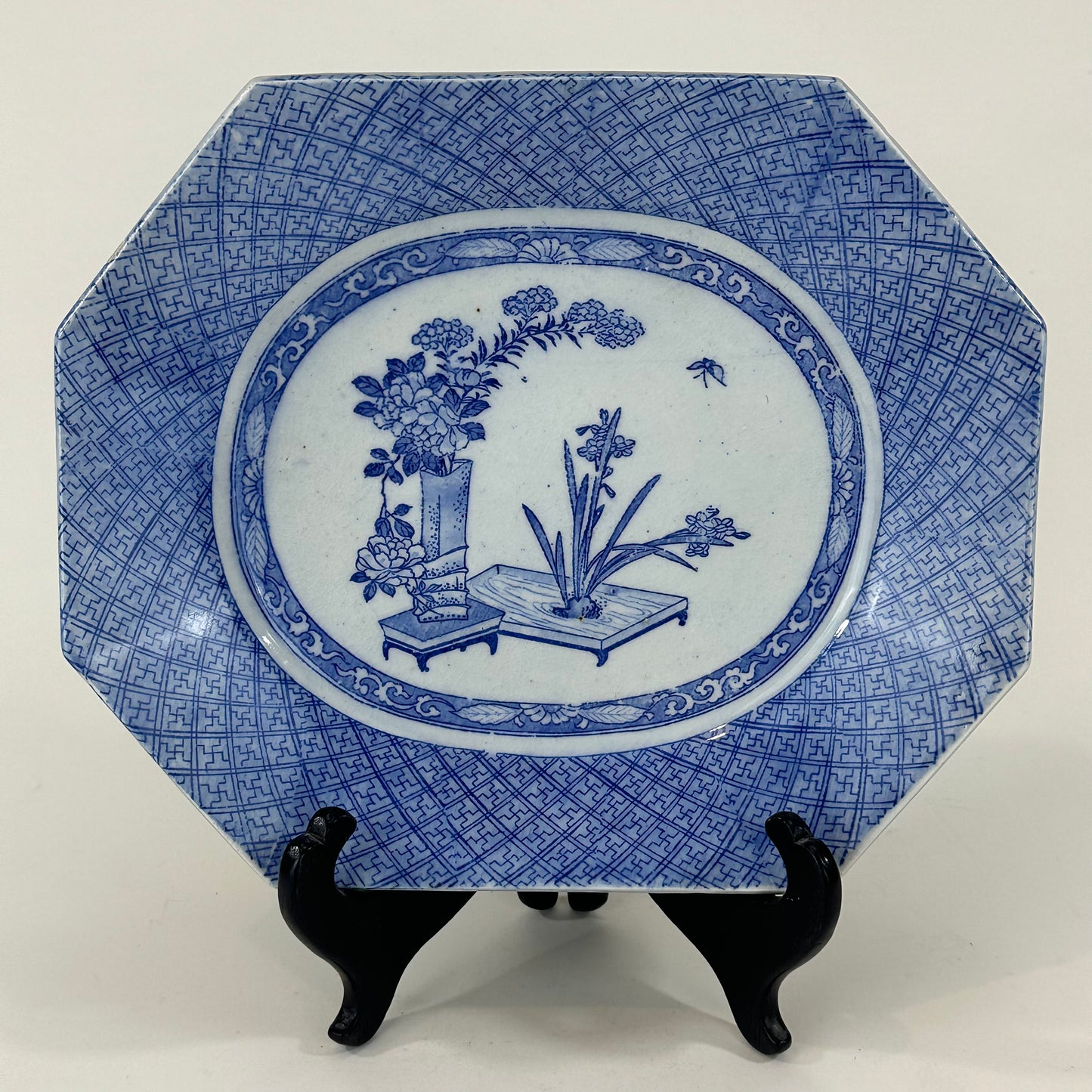 Antique Japanese Meiji Era Octagonal Ceramic Imari Plates Ikebana Motif