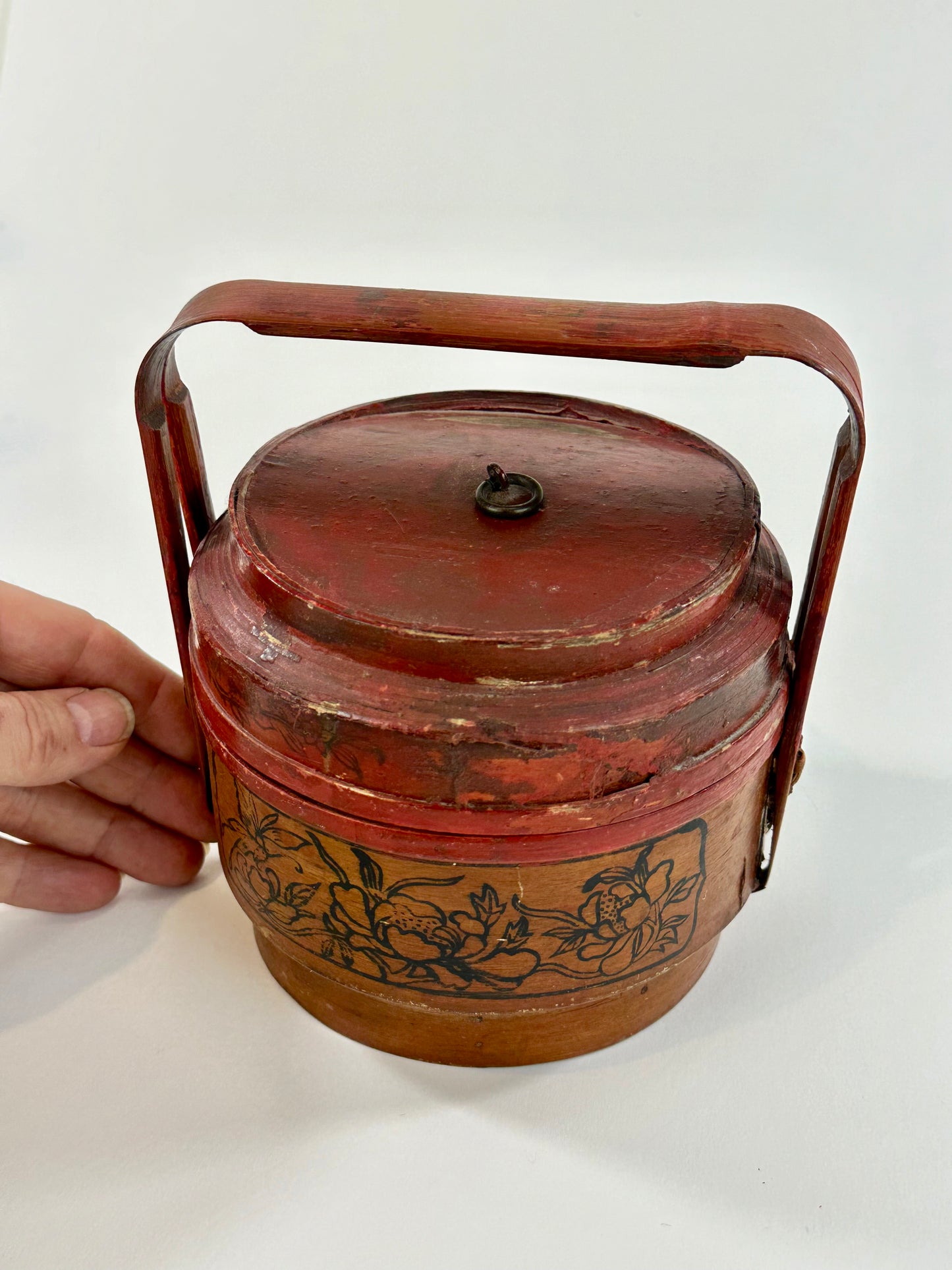 Vintage Chinese Miniature Wedding Lacquer Rattan Basket/Box 6"