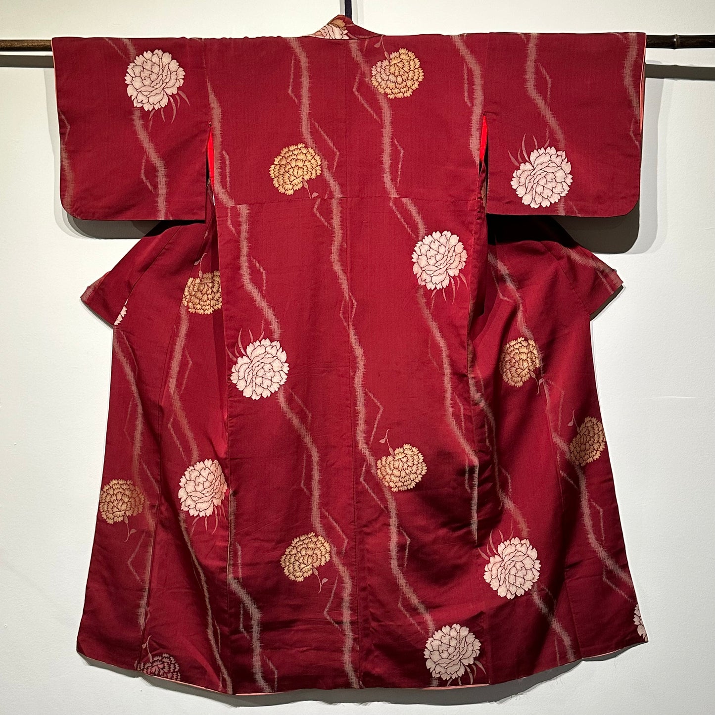 Vintage Japanese Red Silk Kimono w/ Peonie Motif