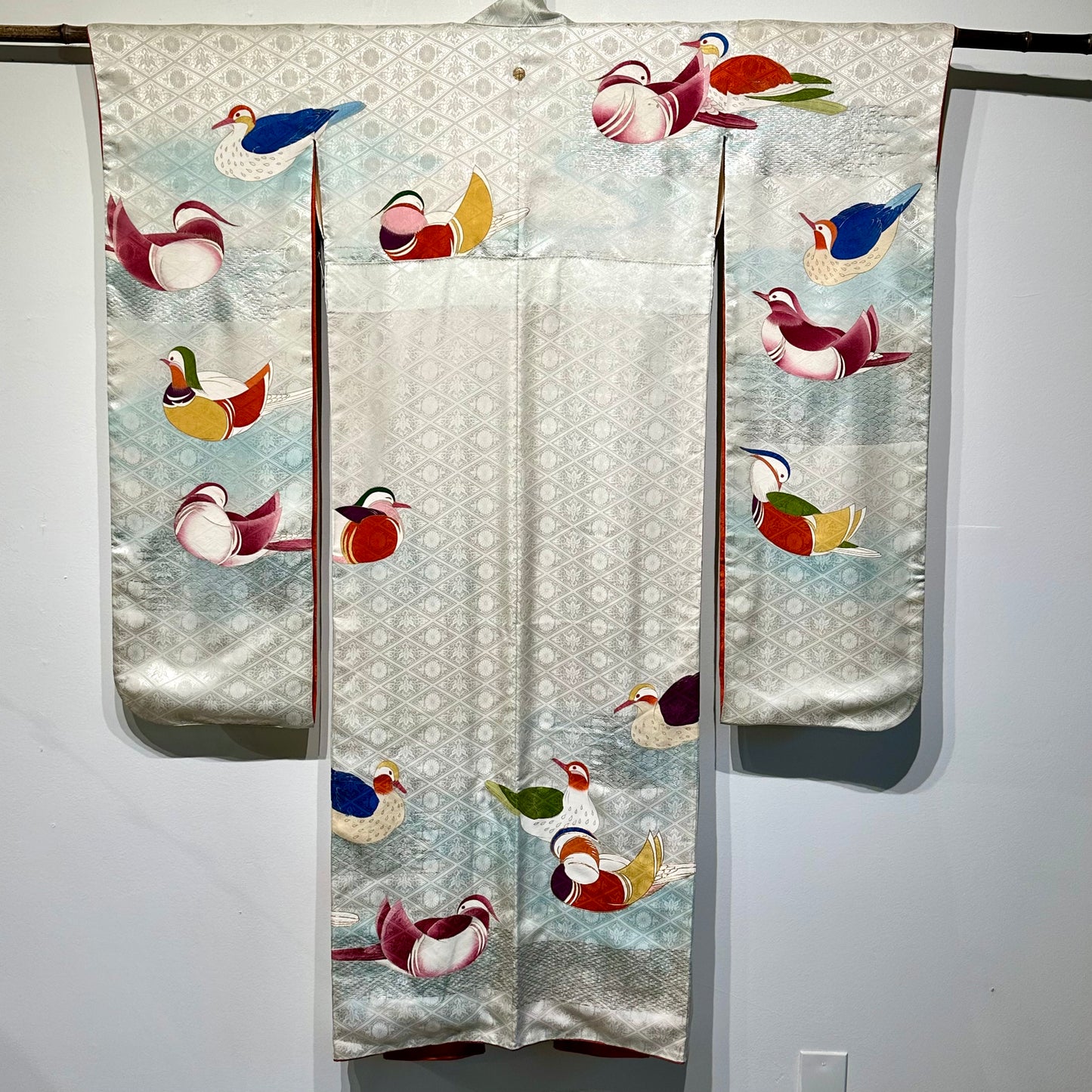 Vintage Japanese Furisode Silk Kimono Wood Duck Motif