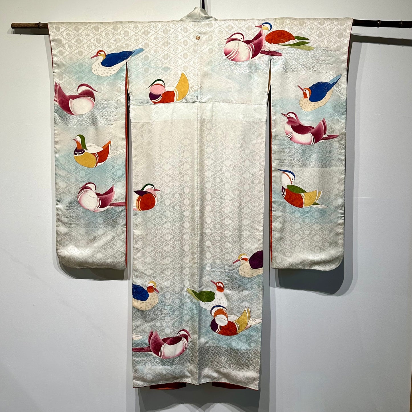 Vintage Japanese Furisode Silk Kimono Wood Duck Motif