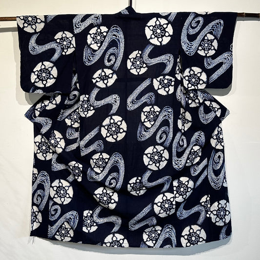 Japanese Cotton Shibori Yukata Kimono Dark Blue Wheel & Stream Arimatsu