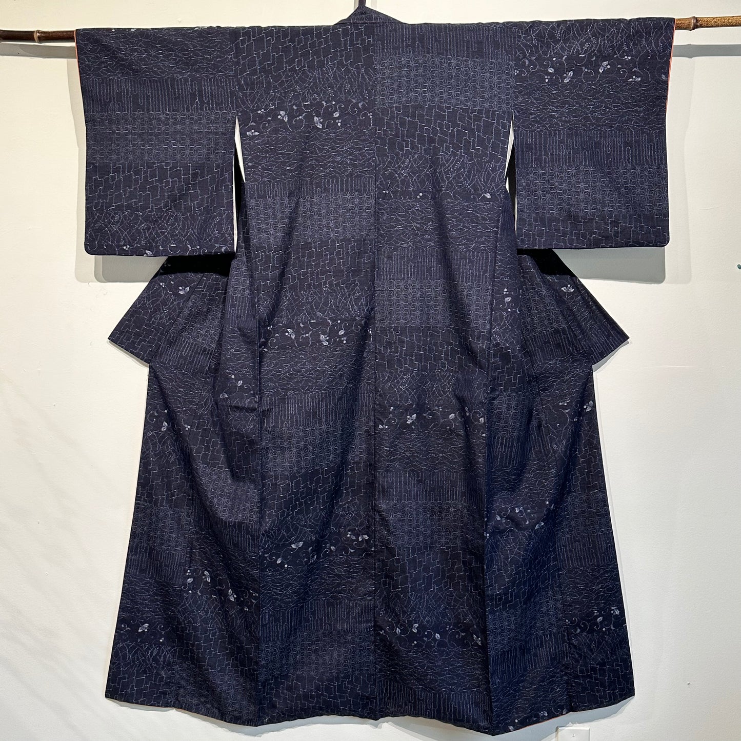 Japanese Tsumugi Ojiya Silk Kimono Hand Spun Dark Blue Asanoha