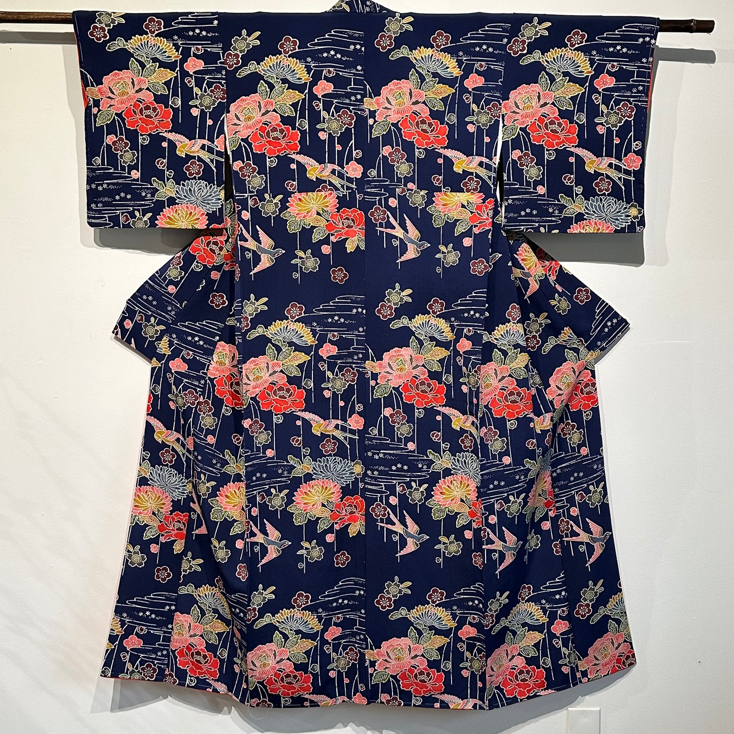 Japanese Chirimen Silk Houmongi Kimono w/ Sparrows & Peonies Dark Blue