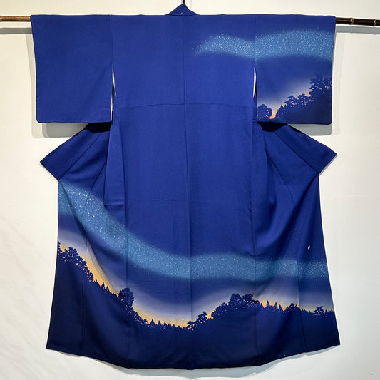 Japanese Signed Silk Houmongi Kimono Hand Painted Night Sky Royal Blue