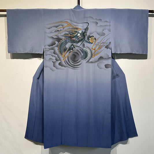 Japanese Silk Kimono Men's Juban Hand Painted Dragon Soft Navy Blue