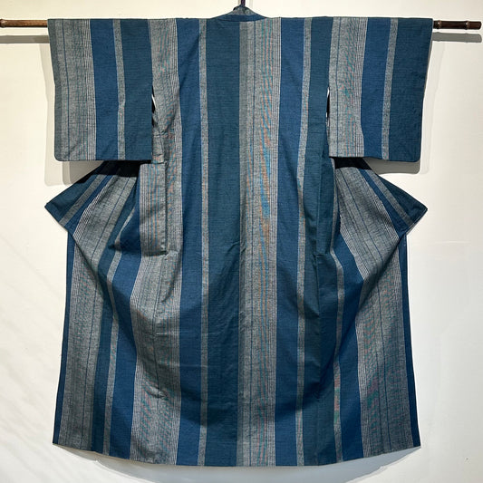 Japanese Yuki Tsumugi Silk Kimono Hand Woven Teal Stripes