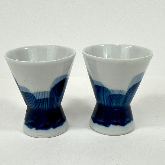 Vintage Japanese Sake Cups PAIR Blue & White