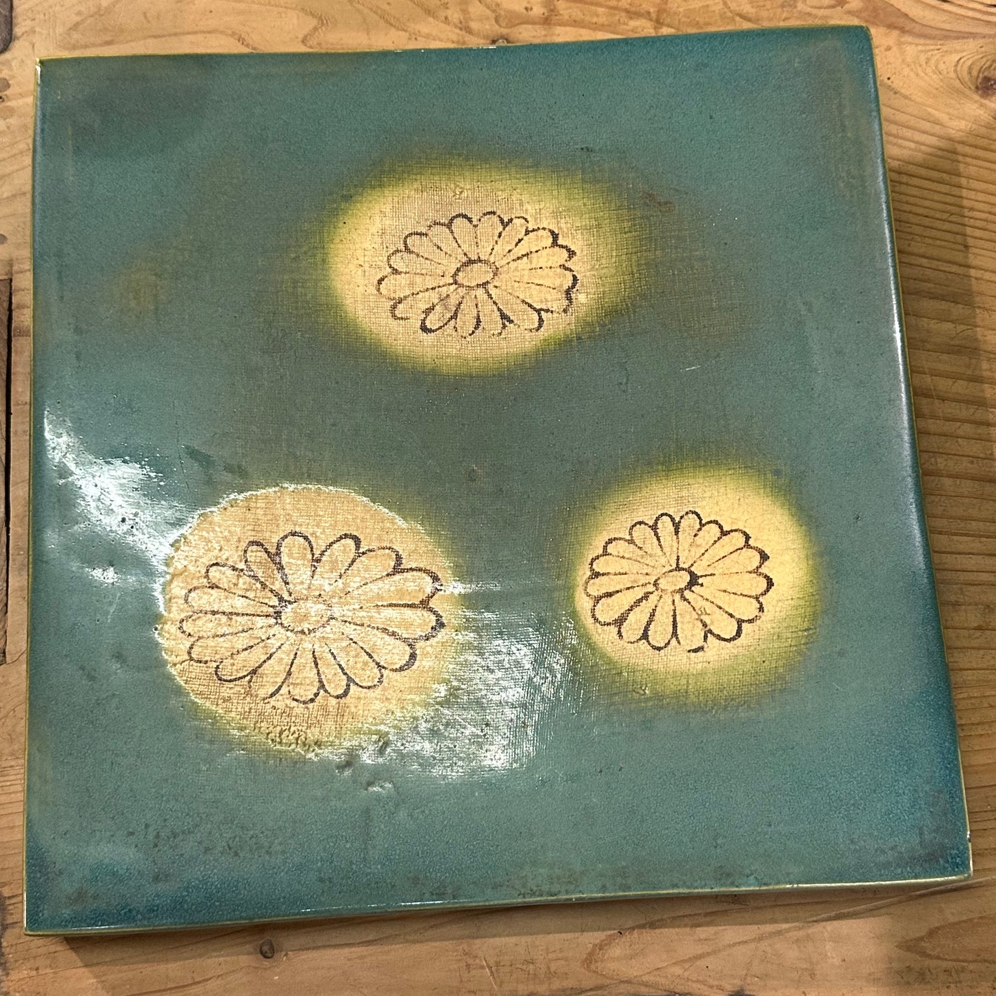 Vintage Japanese Oribe-ware Sokogawara Tile Tea Ceremony Furo 11"