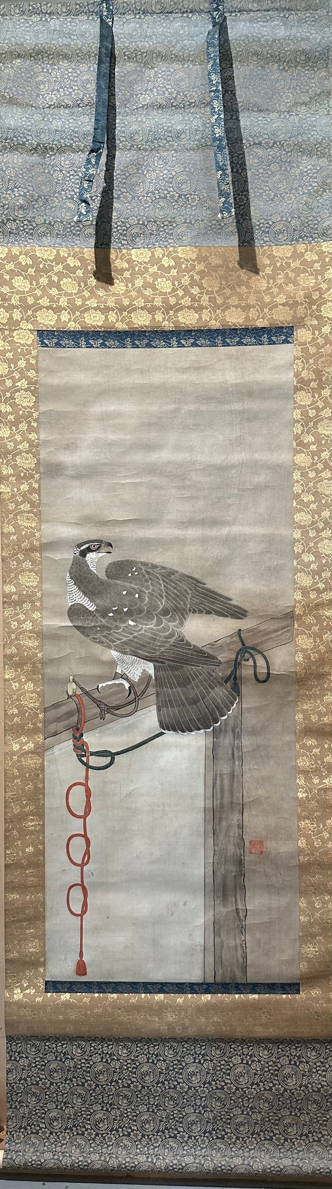 Japanese Antique Scroll Kakejiku Hand Painted Hunting Falcon 76"