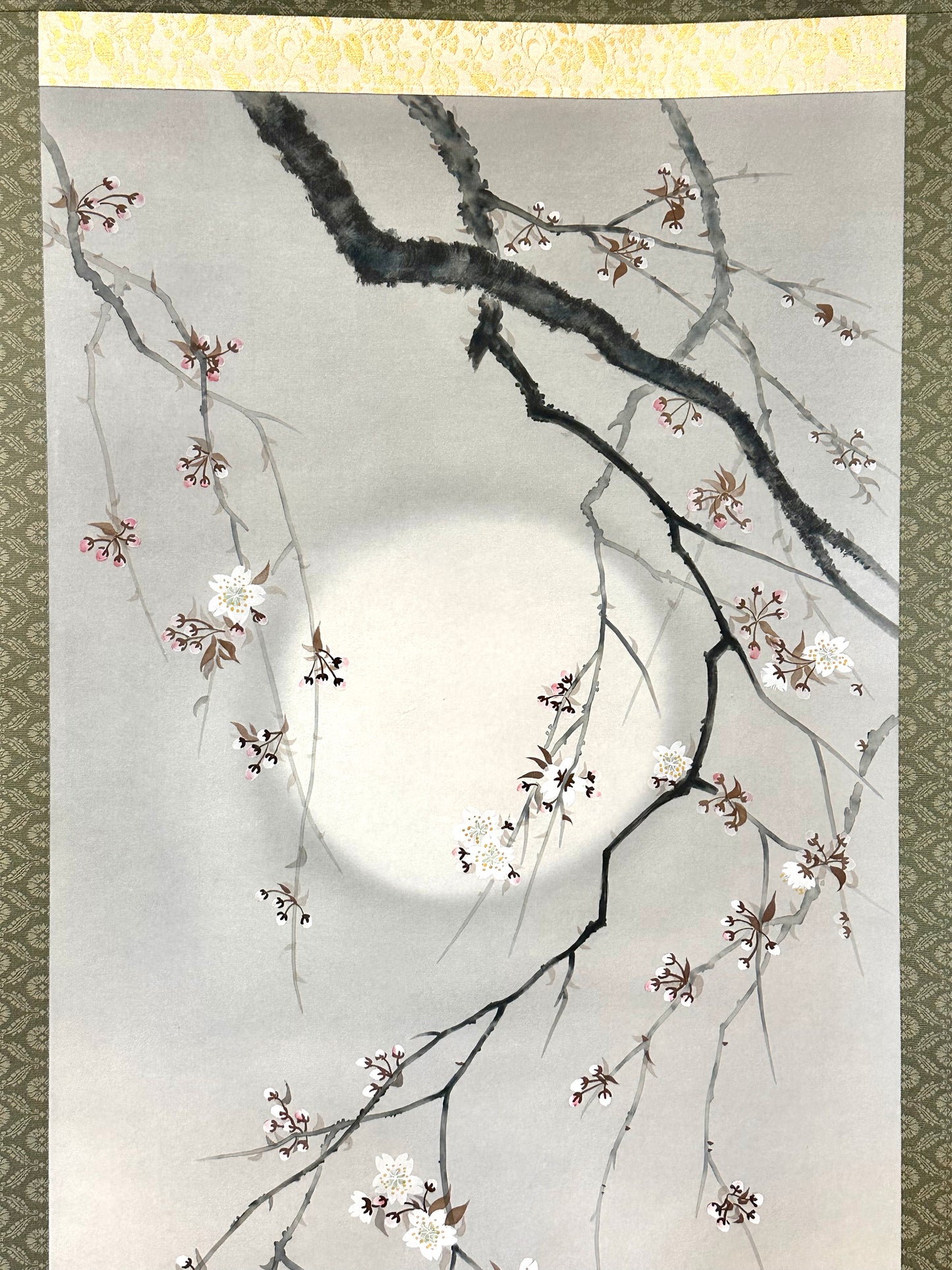Japanese Vintage Scroll Kakejiku Hand Painted Moon & Sakura Cherry 73"
