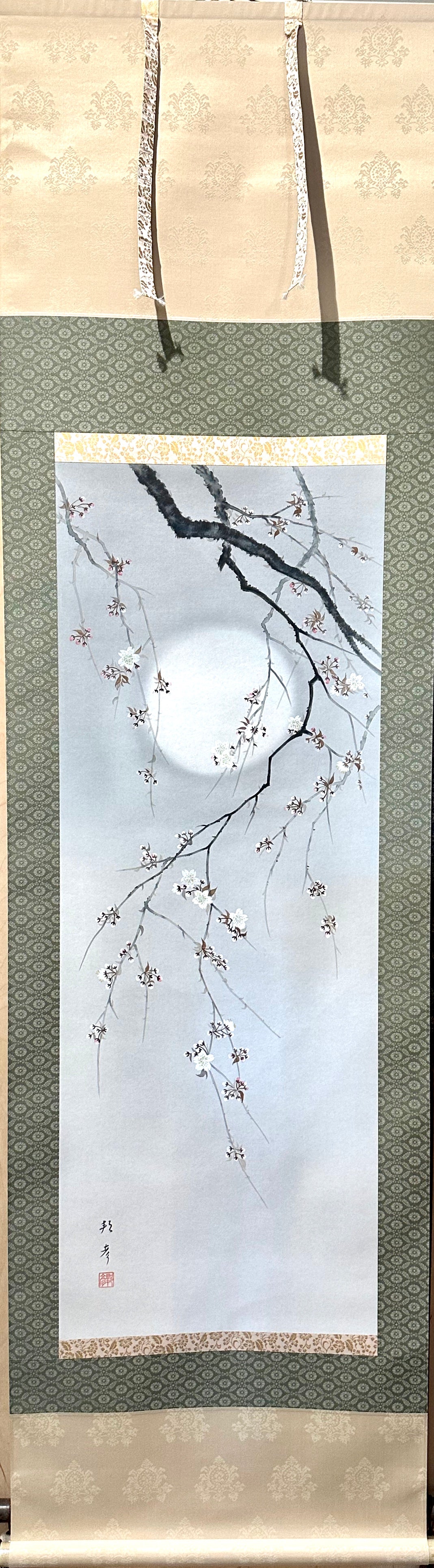 Japanese Vintage Scroll Kakejiku Hand Painted Moon & Sakura Cherry 73"