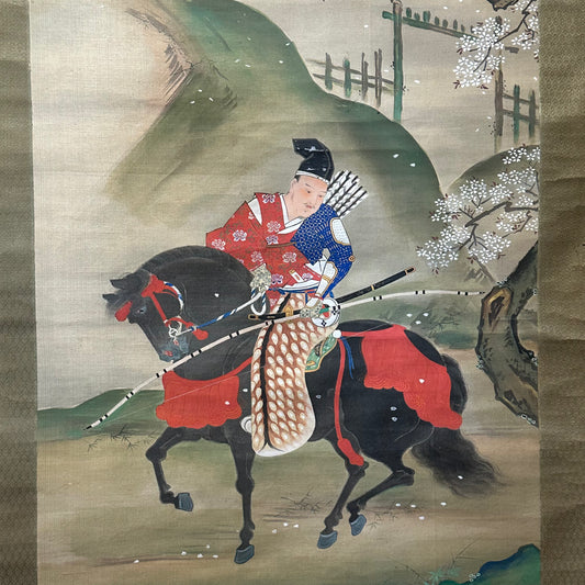 Japanese Antique Scroll Kakejiku Hand Painted Samurai Archer Minamoto 73"