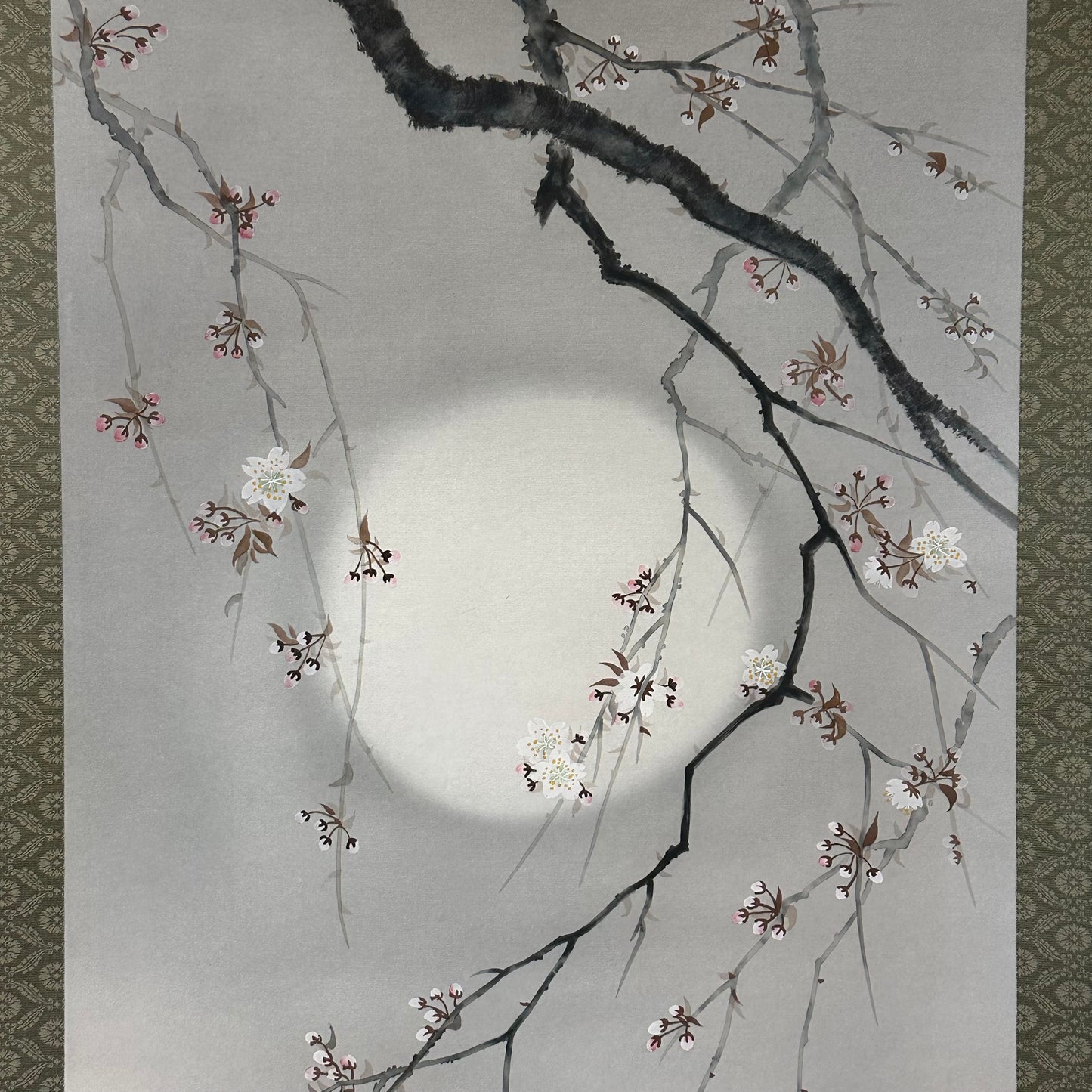 Japanese Vintage Scroll Kakejiku Hand Painted Moon & Sakura Cherry 73"