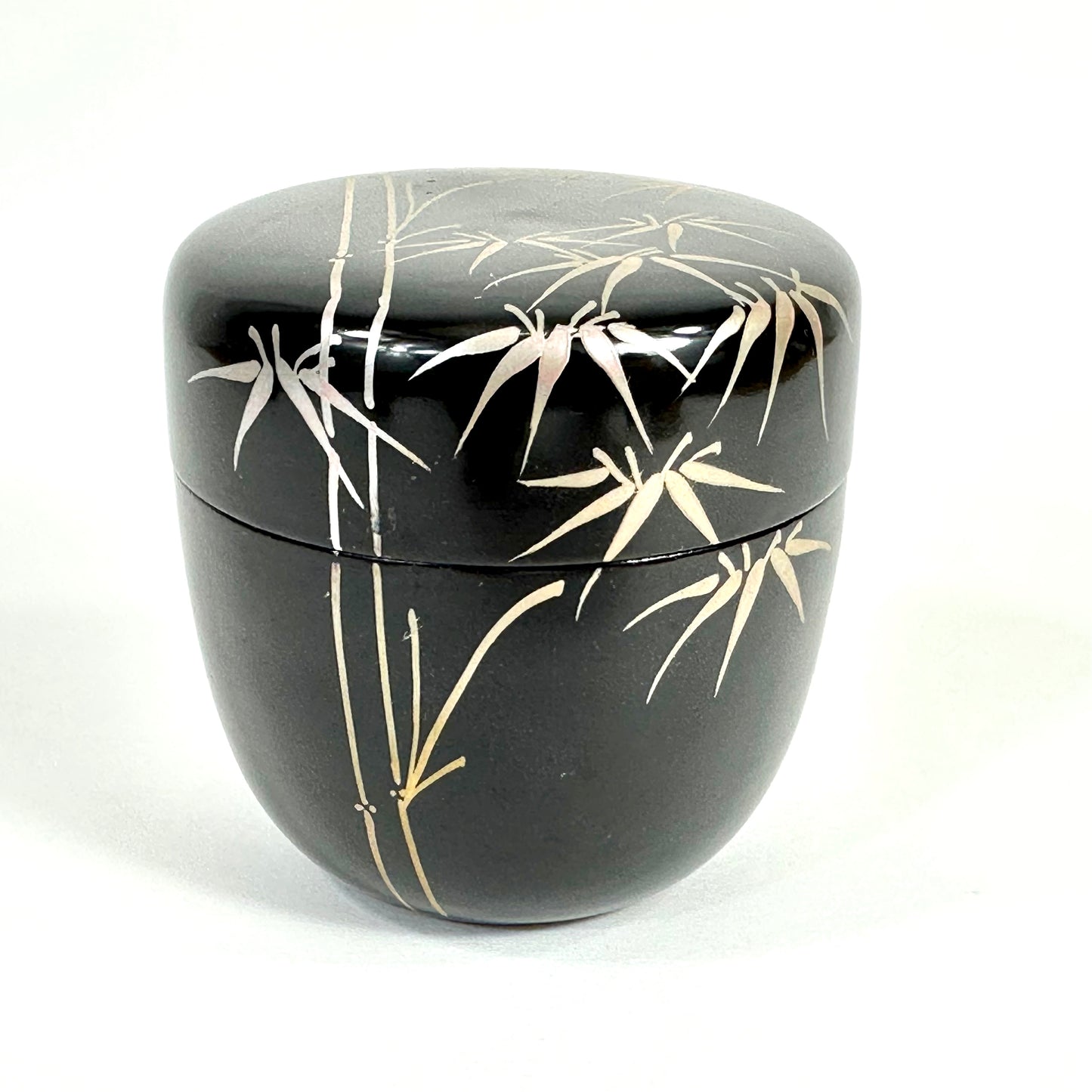 Vintage Japanese Tea Ceremony Natsume Black Lacquer Silver Bamboo 3”