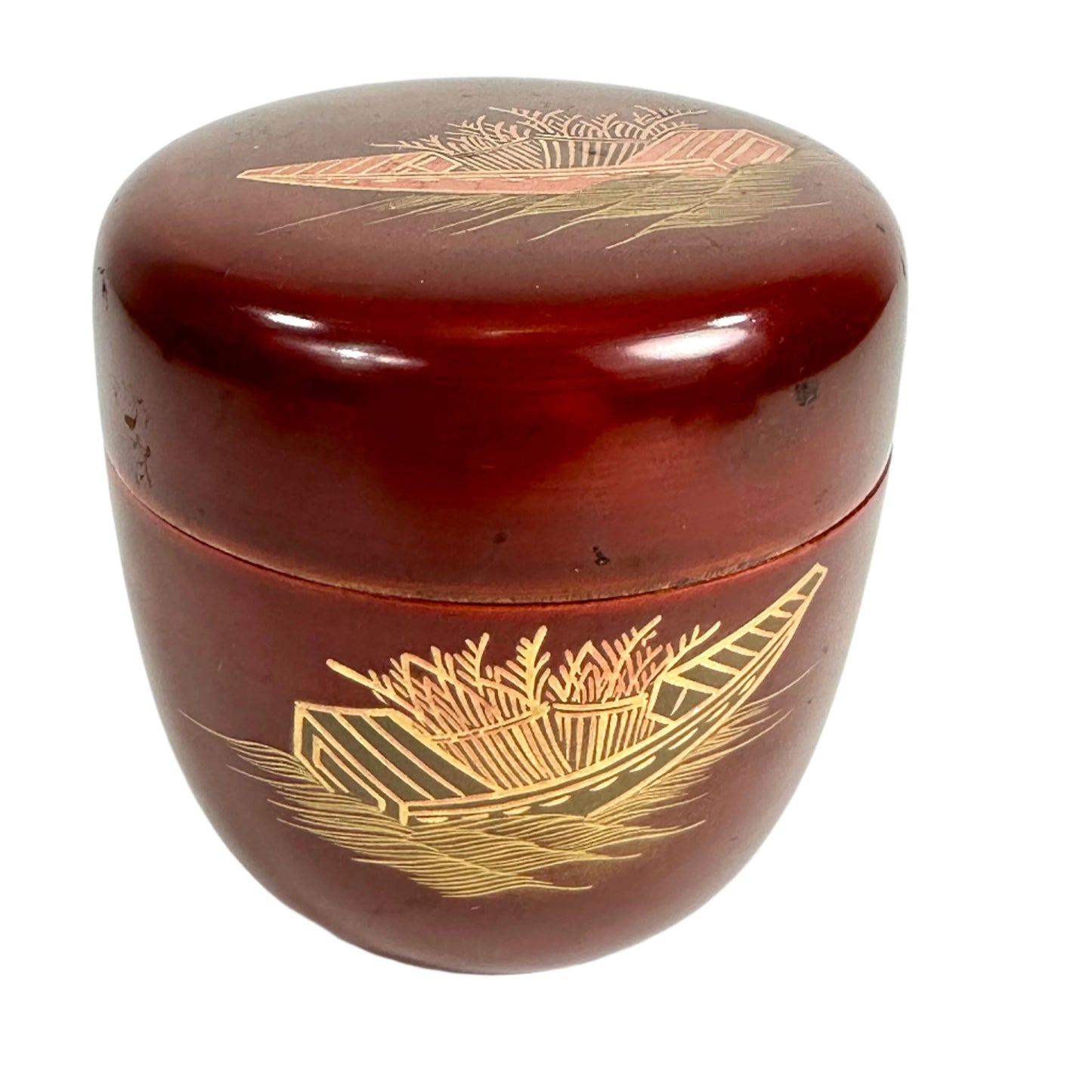 Vintage Japanese Tea Ceremony Natsume Red Lacquer Shibafune Gold Maki-e 3”