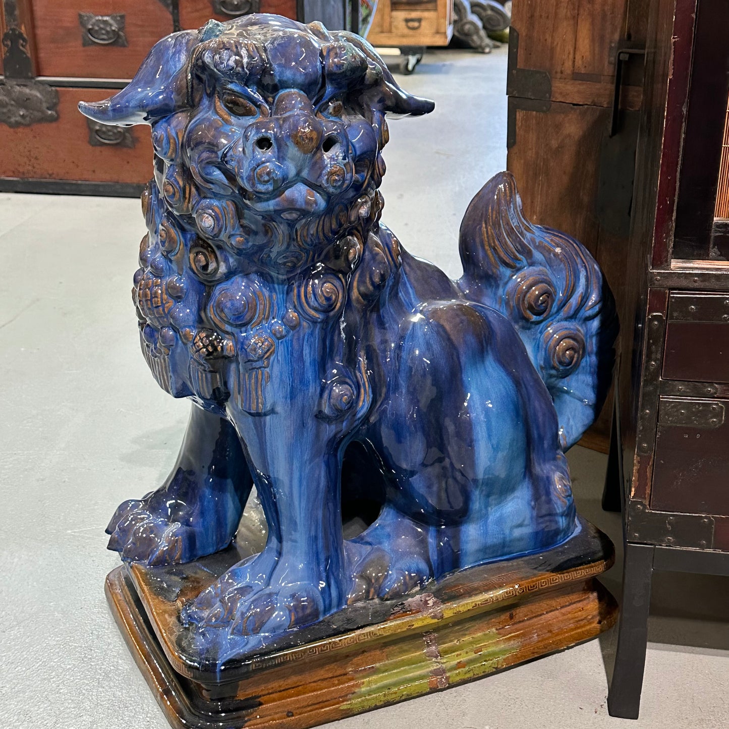 Vintage Chinese Ceramic Foo Dog Pair by Master Tien-Fu Lin Blue Drip Glaze 28”H