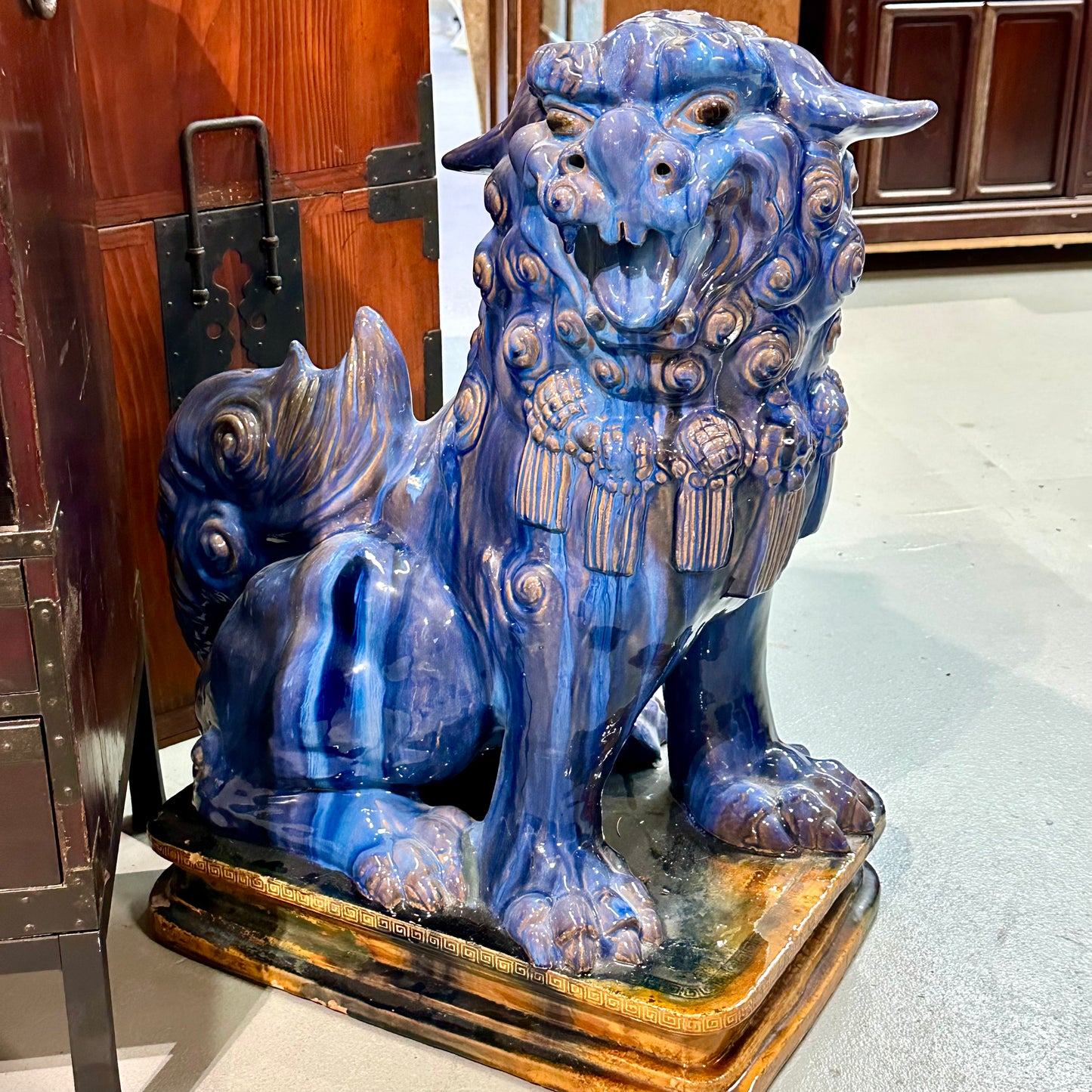 Vintage Chinese Ceramic Foo Dog Pair by Master Tien-Fu Lin Blue Drip Glaze 28”H