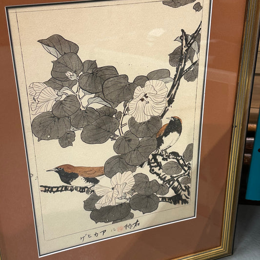 Original Japanese Woodblock Print: By Imao Keinen 1891 Robin & Hibiscus Framed 15x20"