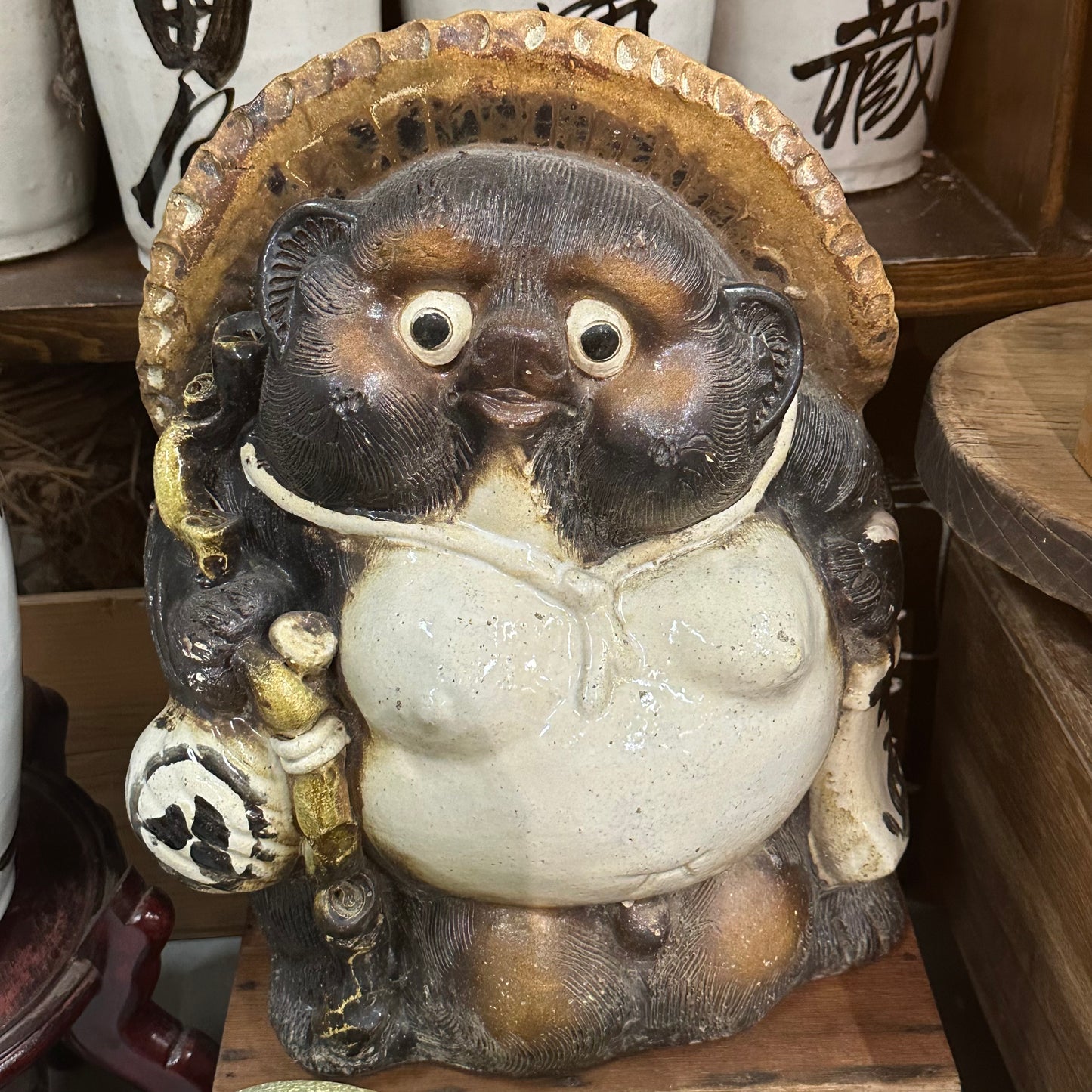 Vintage Japanese Ceramic Tanuki Statue Abundance & Prosperity 15"Hx11W"