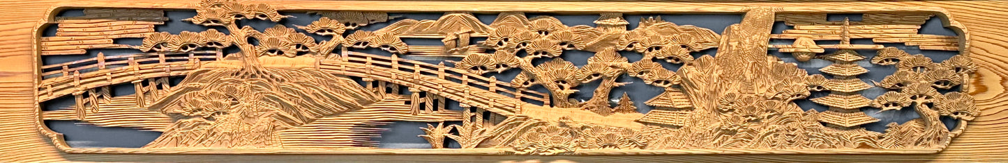 Vintage Japanese Ranma PAIR Pagoda & Bridge Carved Transom Screen Sugi Wood 73"