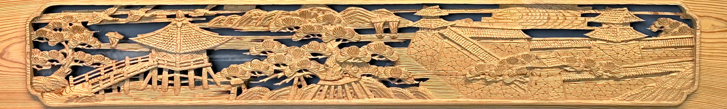 Vintage Japanese Ranma PAIR Pagoda & Bridge Carved Transom Screen Sugi Wood 73"
